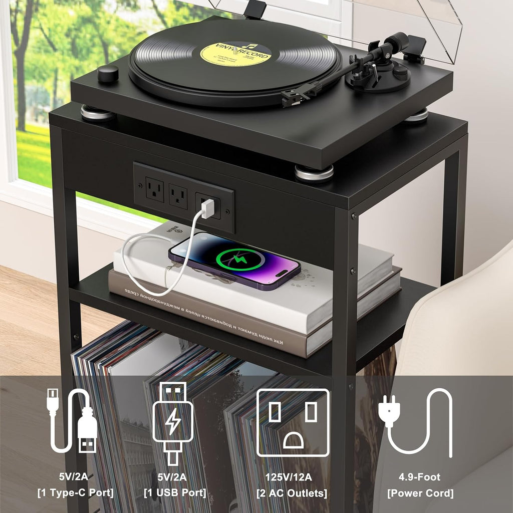LELELINKY Black Record Player Stand with Charging Station