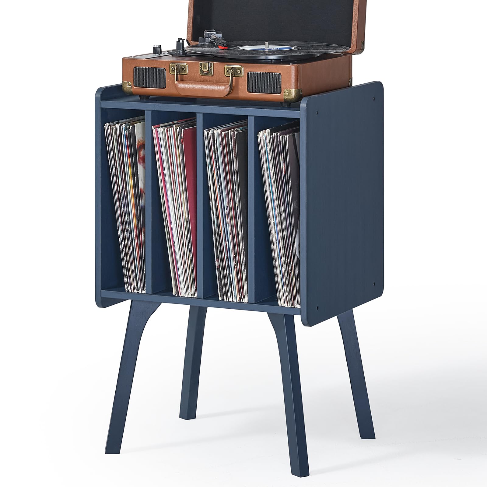 LELELINKY Record Player Stand,Vinyl Record Storage Table with 4 Cabinet Up to 100 Albums,Mid-Century Modern Turntable Stand with Wood Legs,Oak Grey Vinyl Holder Display Shelf for Bedroom Living Room