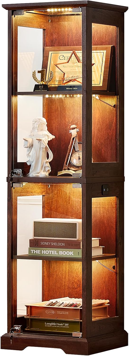 LELELINKY Farmhouse Narrow Glass Display Cabinet with Doors & Lock, Walnut