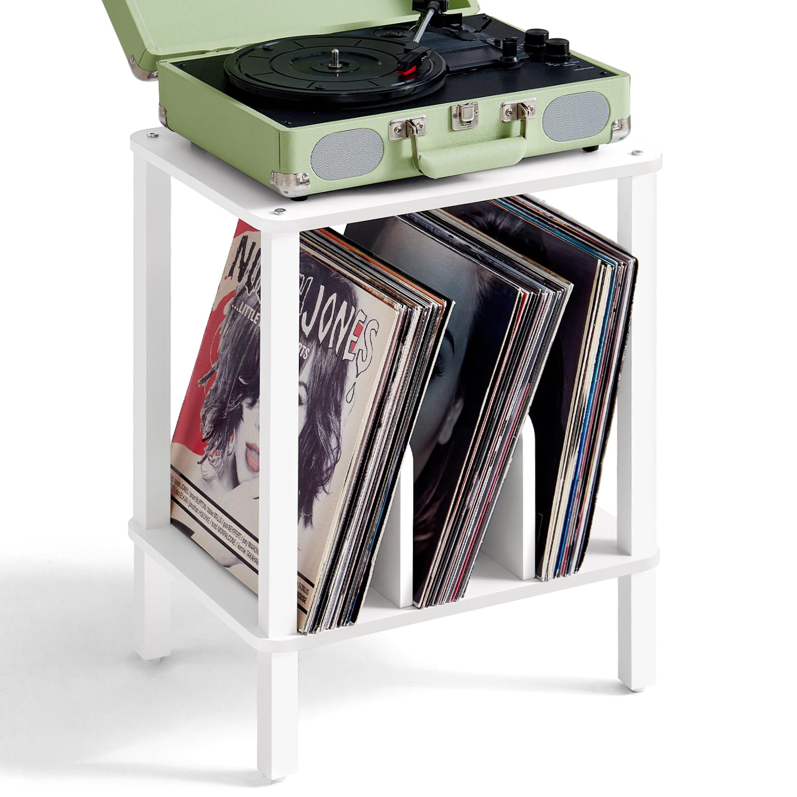 LELELINKY 2-Tier Record Player Stand with Vinyl Record Storage up to 100 Albums, Bedroom Record Holder and Multi-Functional End Table for Living Room, Brown