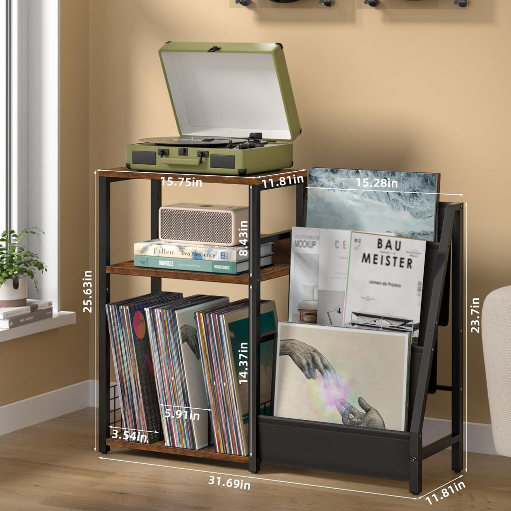LELELINKY Record Player Stand, Black Adjustable Guitar Stand for Acoustic Guitar, Electric Guitar, Bass, Turntable Stand with Vinyl Display Shelf Storage Up to 150 Albums, End Table for Music Room
