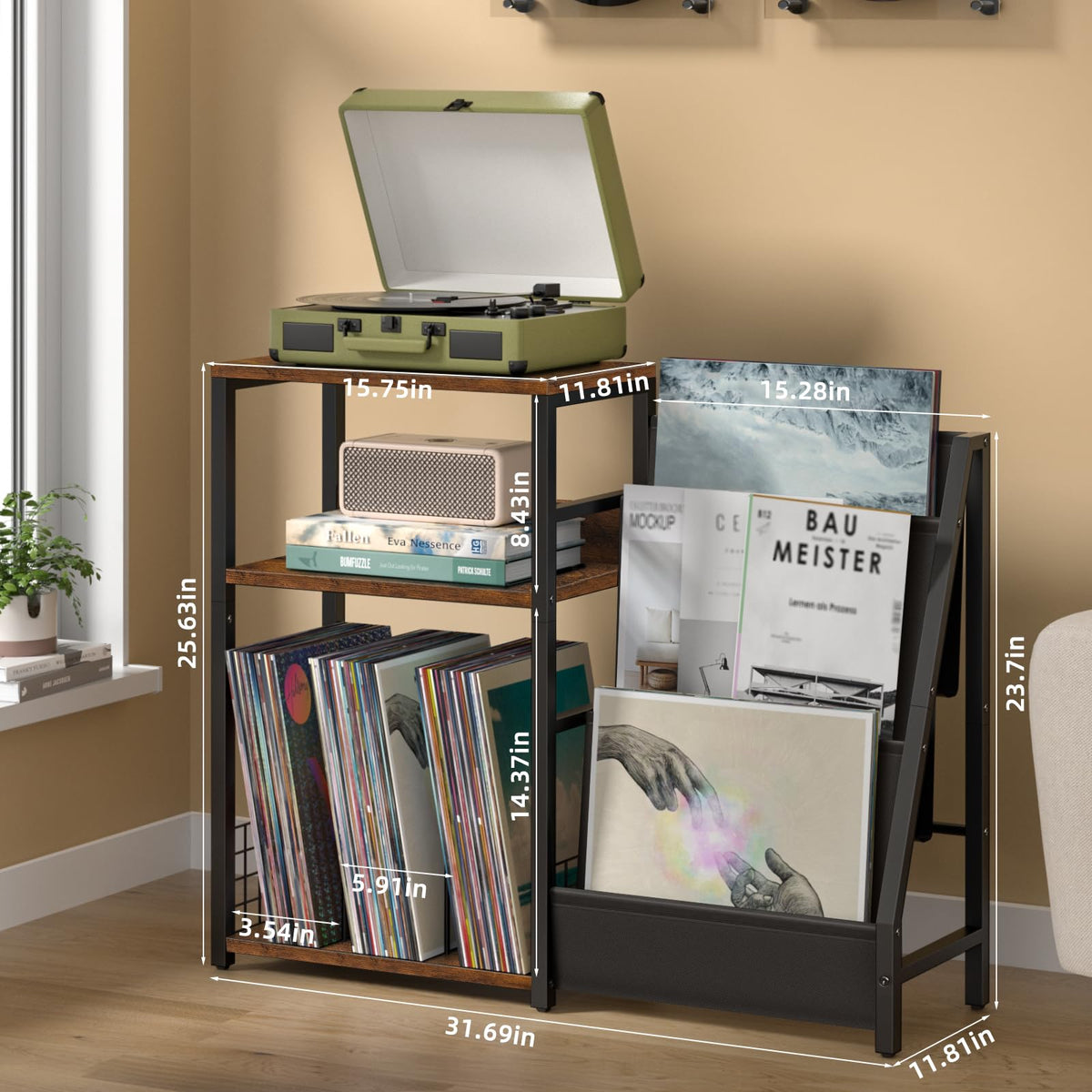 LELELINKY Record Player Stand, Black Adjustable Guitar Stand for Acoustic Guitar, Electric Guitar, Bass, Turntable Stand with Vinyl Display Shelf Storage Up to 150 Albums, End Table for Music Room