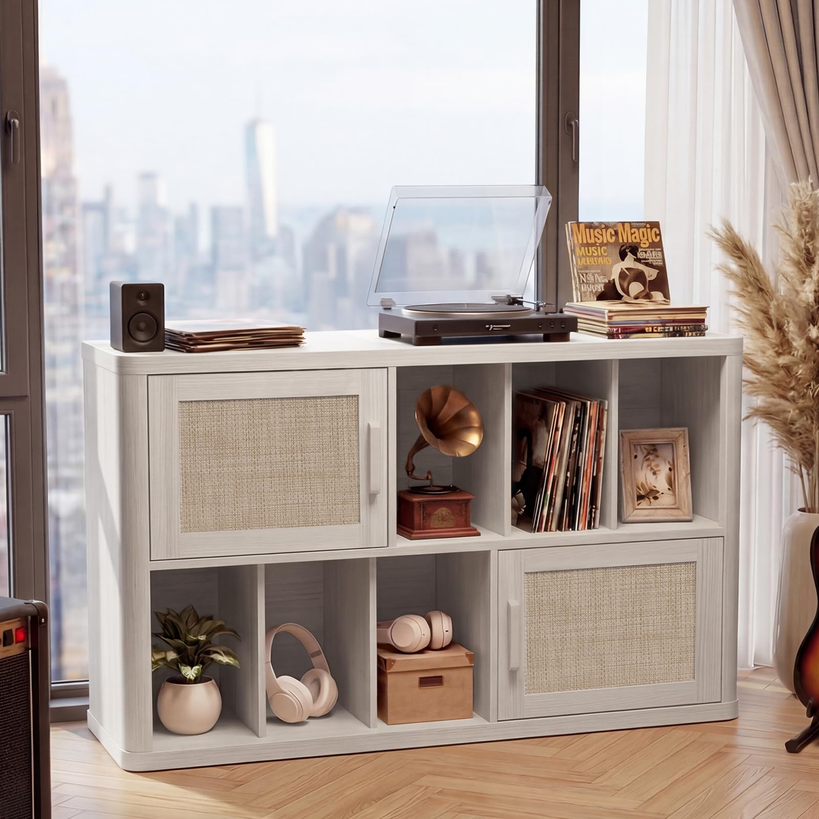 LELELINKY Large Record Player Stand - 39.5" Record Cabinet with Open Vinyl Storage Holds up to 400 Albums, Bohemian Vinyl Player Table with Rattan Doors, Turntable Stand for Living Room, Natural Oak