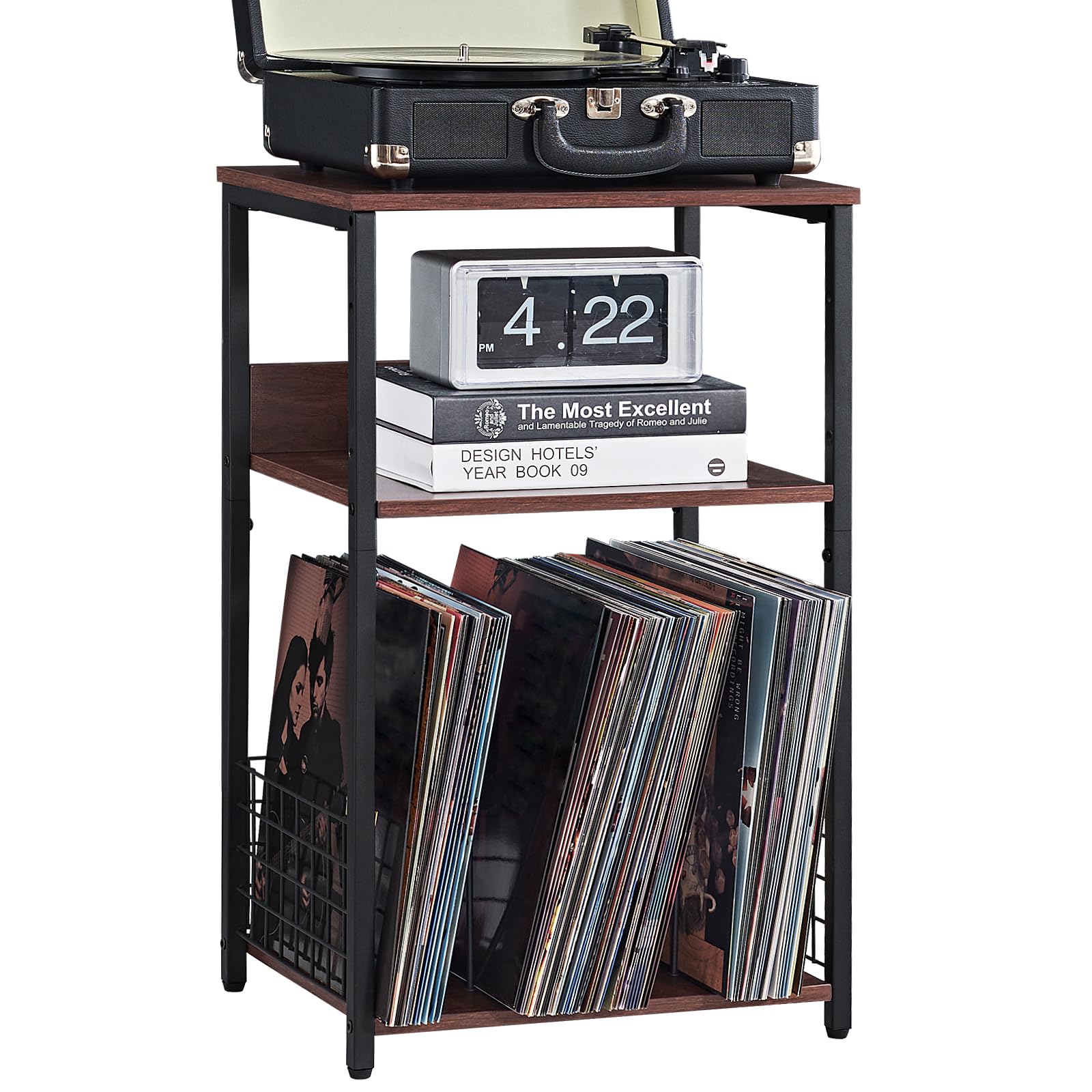 LELELINKY 3 Tier End Table,Record Player Stand with Storage Up to 100 Albums,Turntable Stand for Vinyl,Brown Records Shelf for Living Room Bedroom