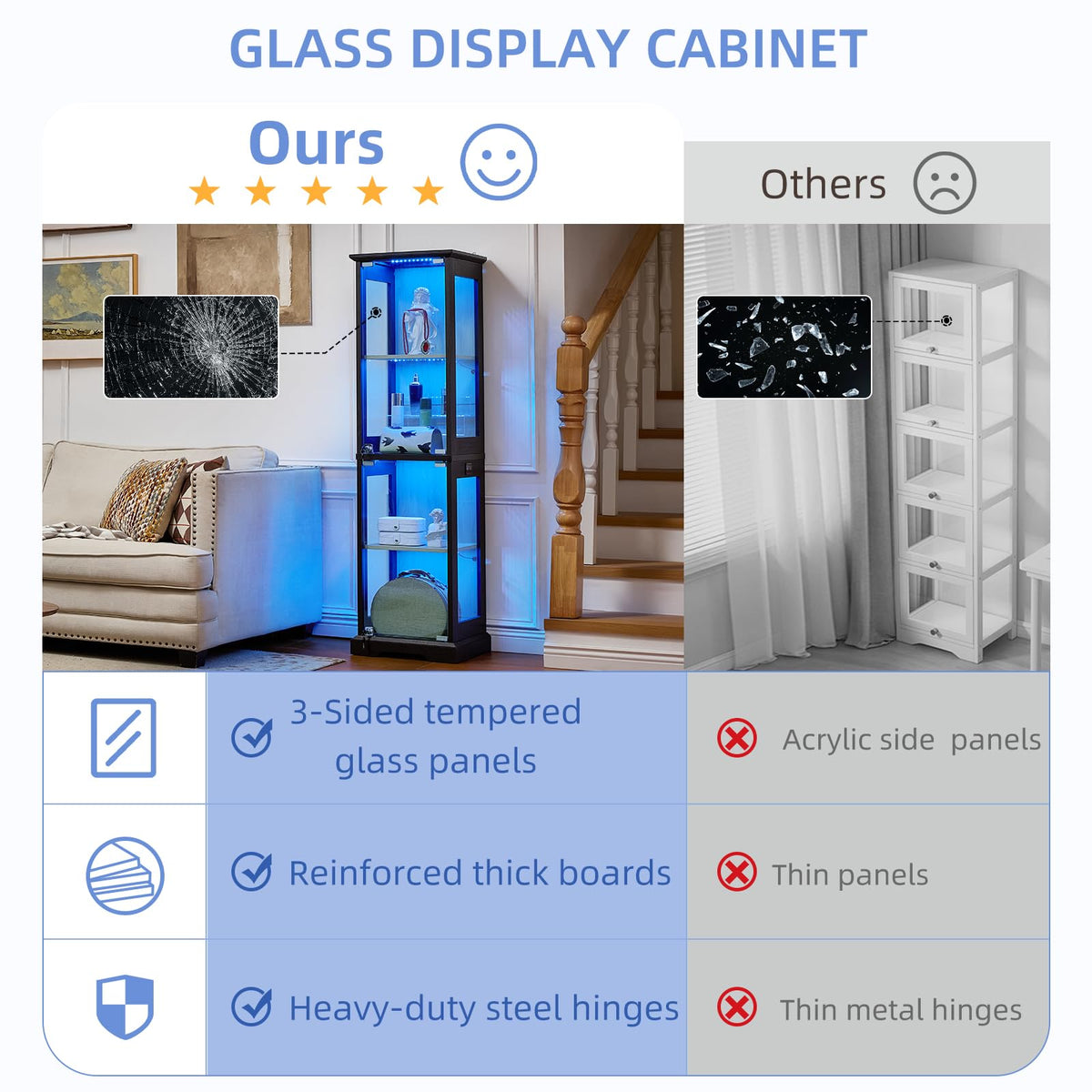 LELELINKY Farmhouse Narrow Glass Display Cabinet with Doors & Lock, Walnut
