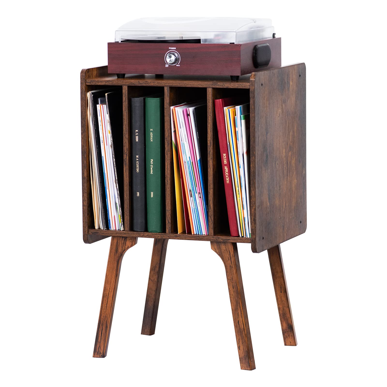 LELELINKY Record Player Stand,Vinyl Record Storage Table with 4 Cabinet Up to 100 Albums,Mid-Century Modern Turntable Stand with Wood Legs,Oak Grey Vinyl Holder Display Shelf for Bedroom Living Room