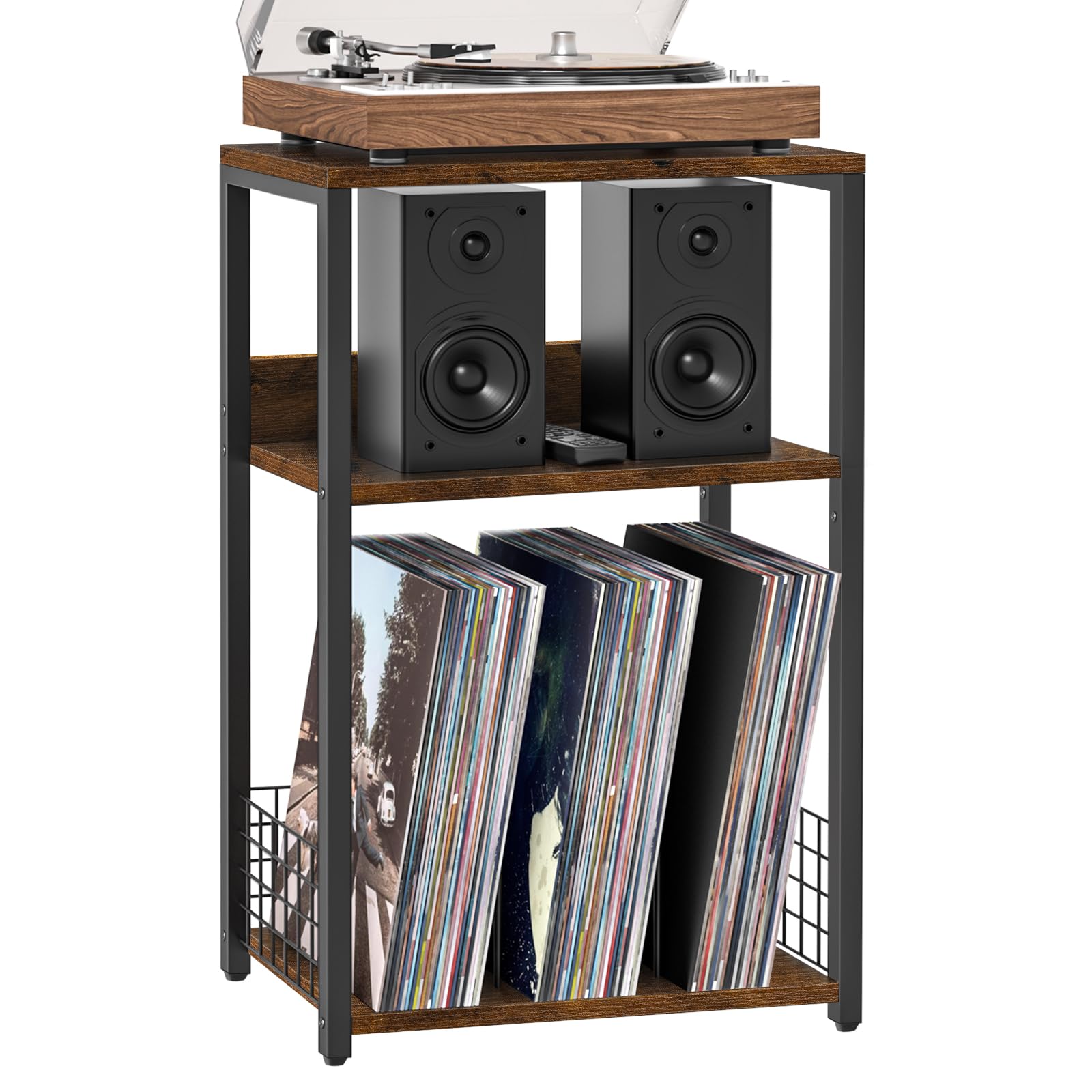 LELELINKY 3 Tier End Table,Record Player Stand with Storage Up to 100 Albums,Turntable Stand for Vinyl,Brown Records Shelf for Living Room Bedroom