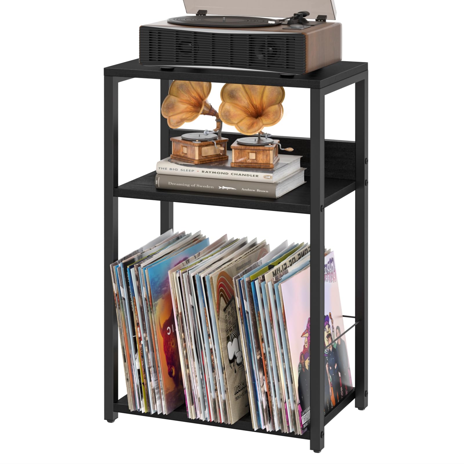 LELELINKY End Table with Storage, Brown Nightstand for Small Spaces,3 Tier Record Player Stand with Vinyl Storage Shelf, Sofa Couch Side Tables for Living Room Bedroom