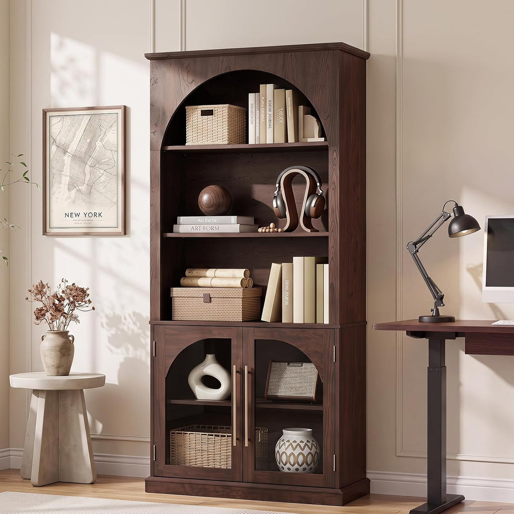 LELELINKY Arched Bookshelf with Tempered Glass Doors, 67" Tall Bookcase