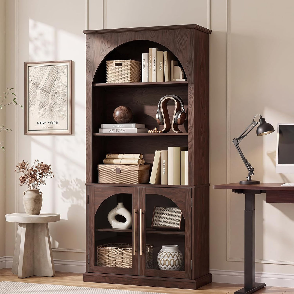 LELELINKY Arched Bookshelf with Tempered Glass Doors, 67" Tall Bookcase