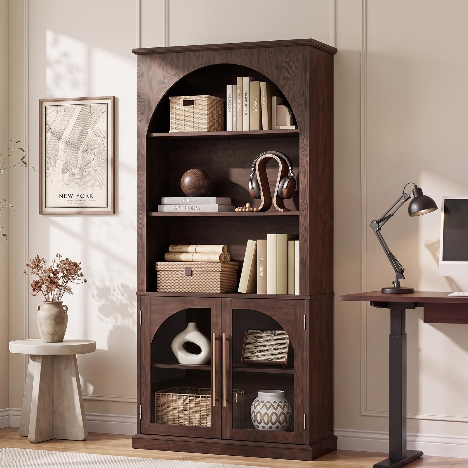 LELELINKY Arched Bookshelf with Tempered Glass Doors, 67" Tall Bookcase