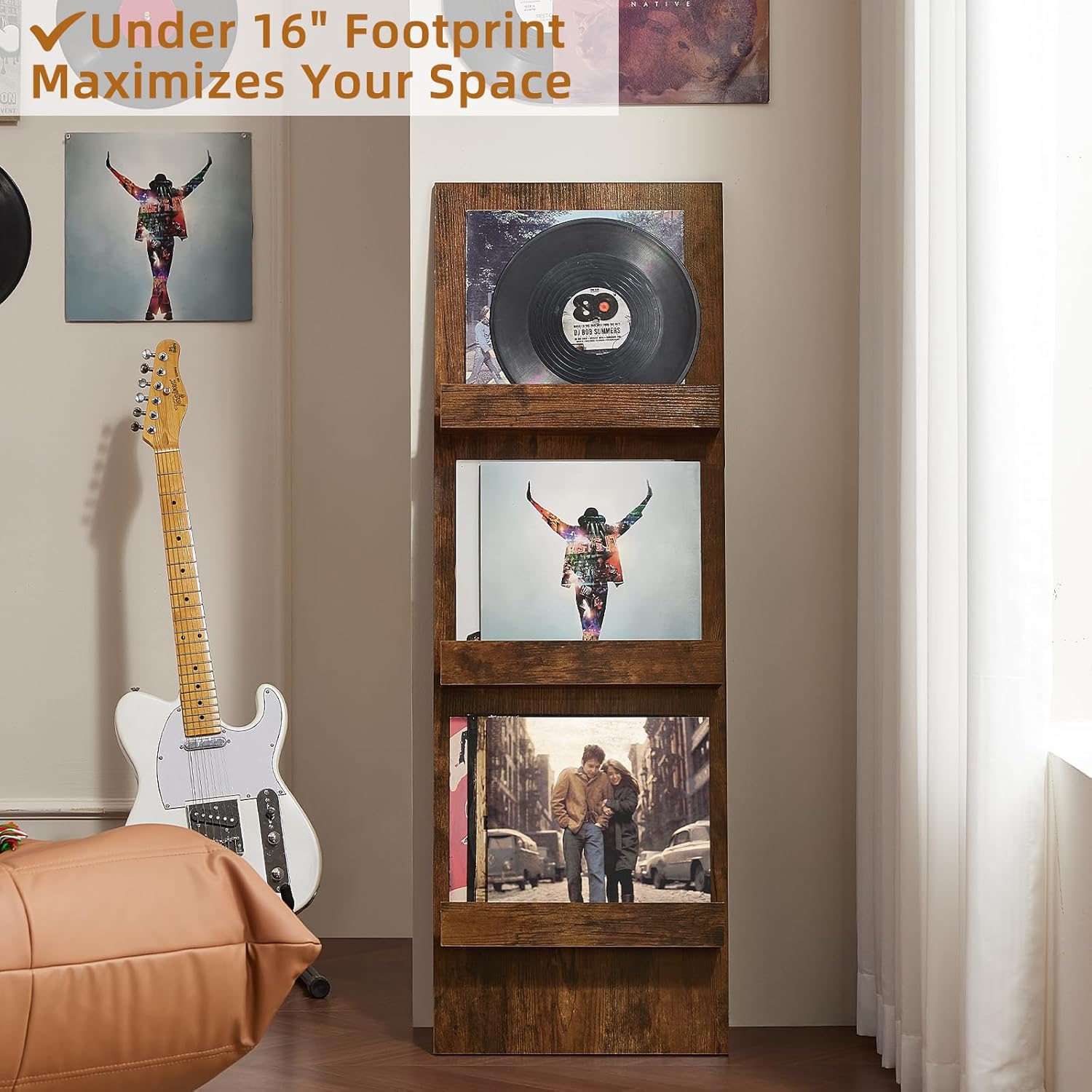 LELELINKY Wall-Leaning Vinyl Record Holder with 3 Tier Display Shelf, 47.5'' Tall Record Storage Magazine Holder, Vinlys Stand Holder Holds Up to 30 Vinyls Albums/CD for Living Room, Brown