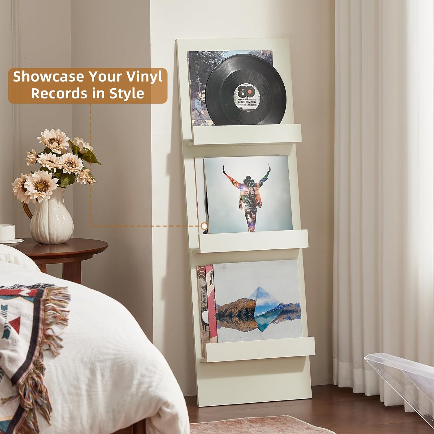 LELELINKY Wall Mount Vinyl Record Holder with 3 Tier Display Area, 47.5'' Tall Record Storage Magazine Holder, Book Shelf Holder Holds Up to 15 Vinyls Albums/CD for Living Room, Concert Hall, White