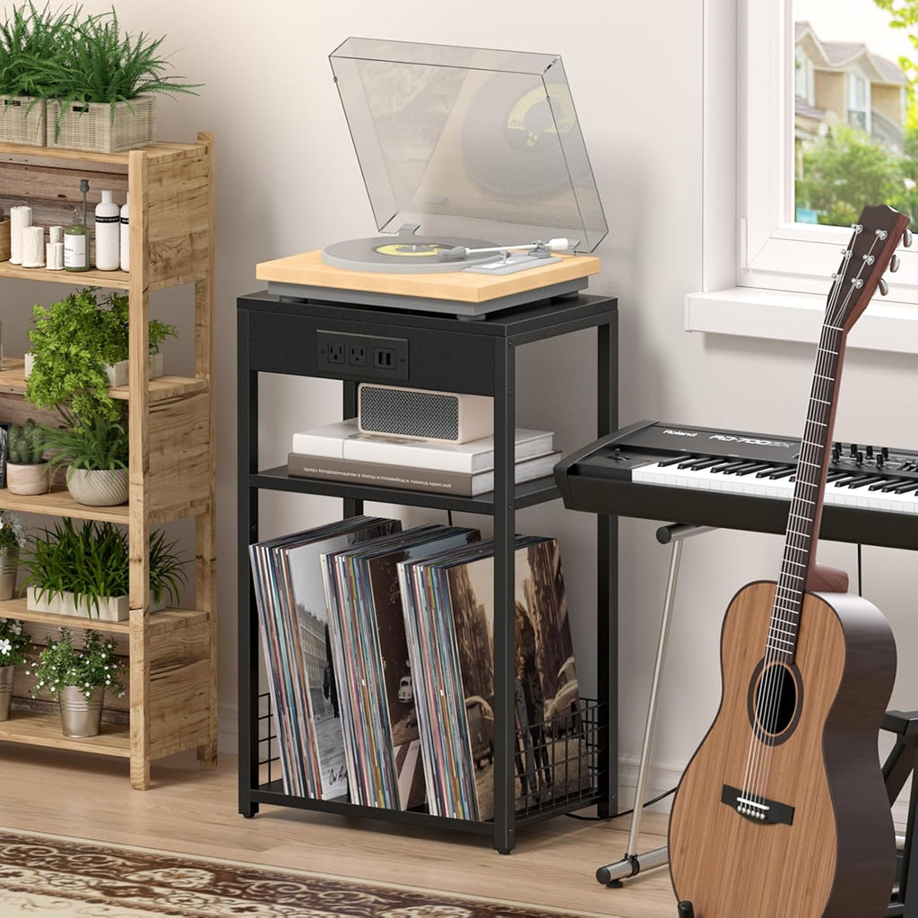 LELELINKY Black Record Player Stand with Charging Station