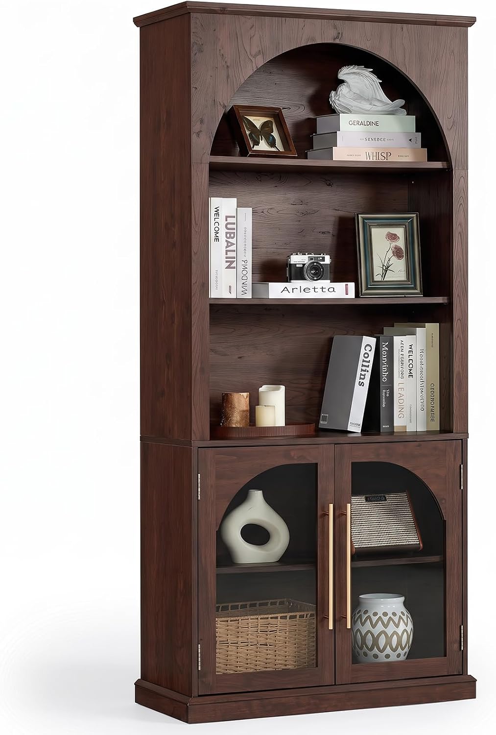 LELELINKY Arched Bookshelf with Tempered Glass Doors, 67" Tall Bookcase