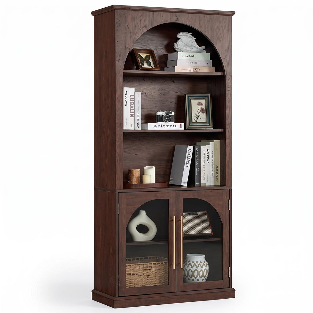 LELELINKY Arched Bookshelf with Tempered Glass Doors, 67" Tall Bookcase