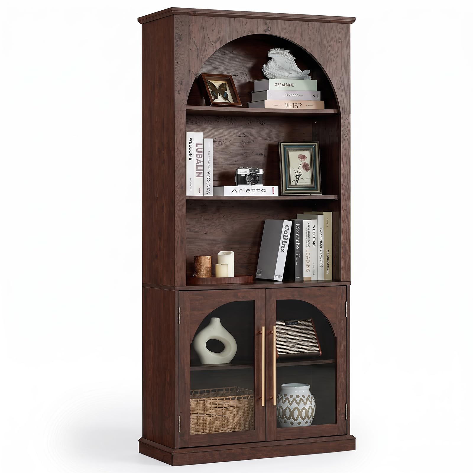 LELELINKY Arched Bookshelf with Tempered Glass Doors, 67" Tall Bookcase