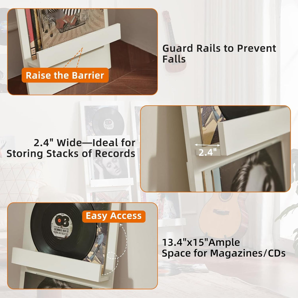 LELELINKY Wall Mount Vinyl Record Holder with 3 Tier Display Area, 47.5'' Tall Record Storage Magazine Holder, Book Shelf Holder Holds Up to 15 Vinyls Albums/CD for Living Room, Concert Hall, White