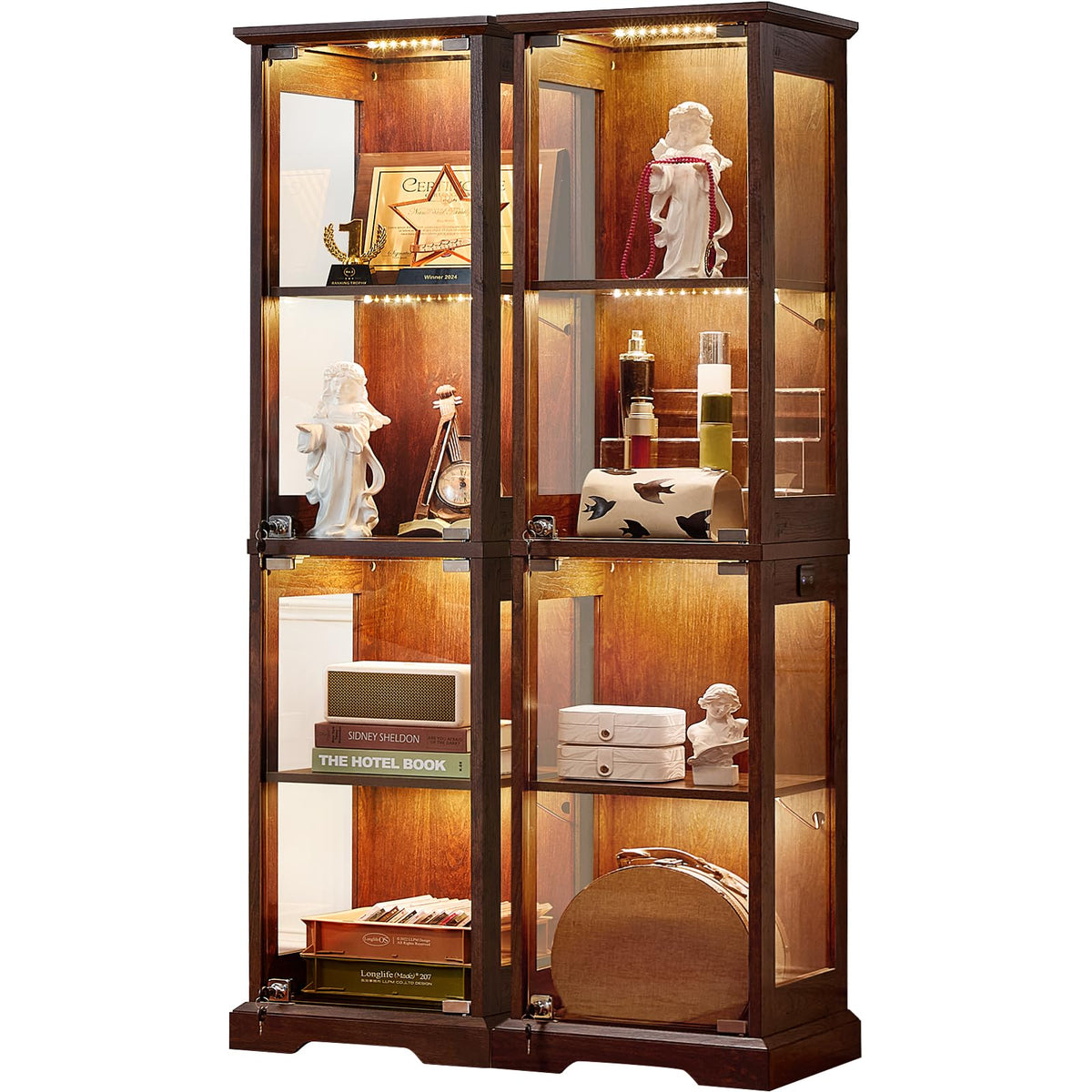 LELELINKY Farmhouse Narrow Glass Display Cabinet with Doors & Lock, Walnut