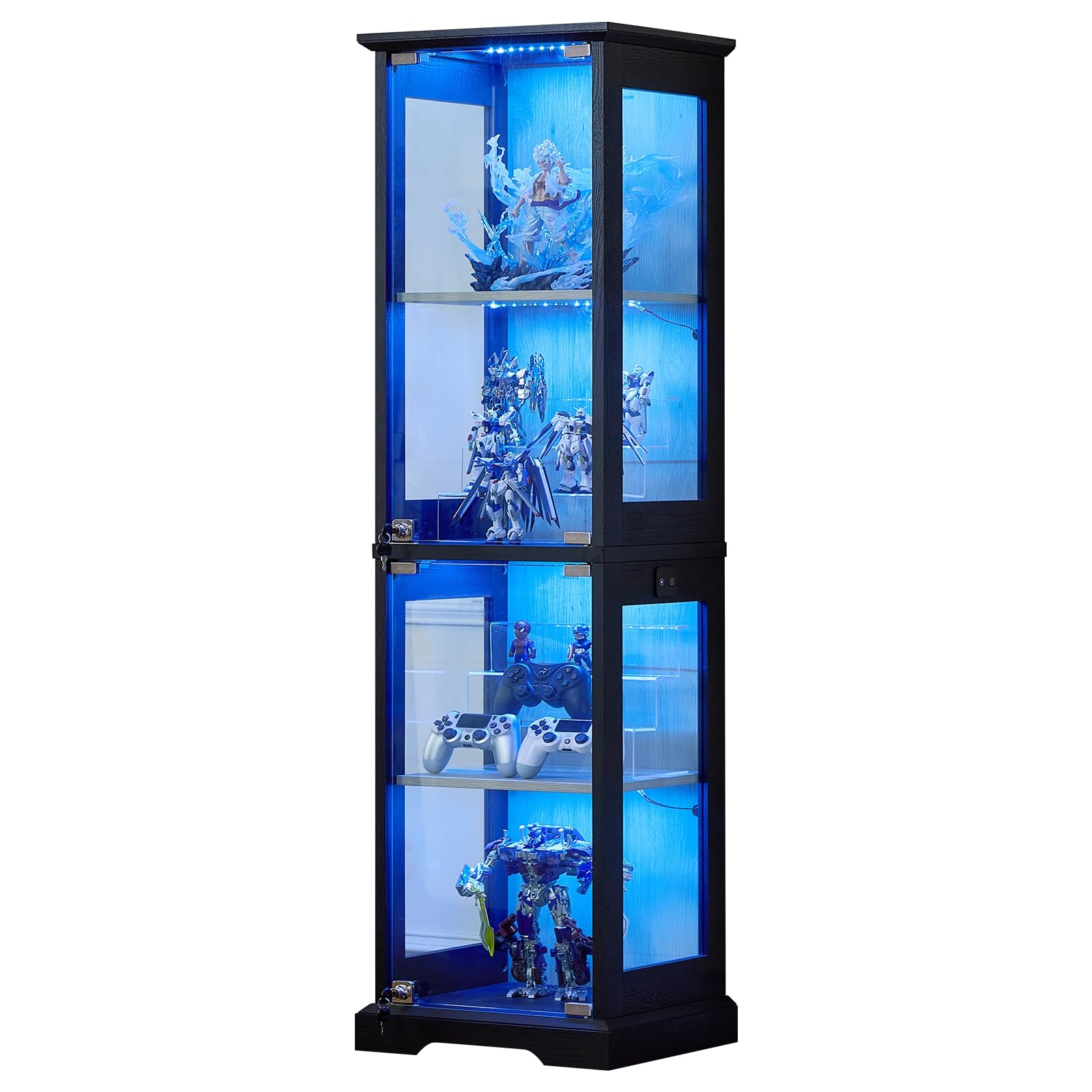 LELELINKY Farmhouse Narrow Glass Display Cabinet with Doors & Lock, Walnut