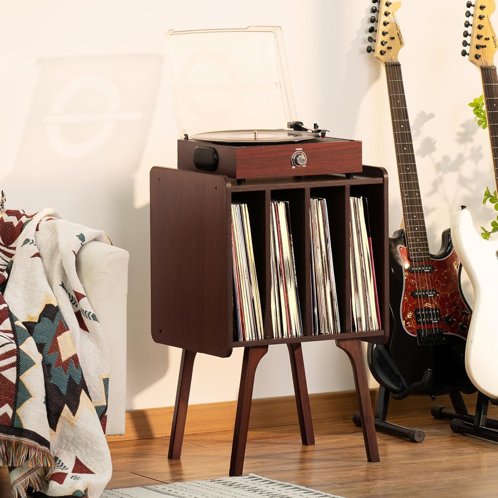 LELELINKY Record Player Stand, Walnut Vinyl Storage Table with 4 Cabinet Up to 100 Albums, Mid-Century Modern Record Holder Wood Legs
