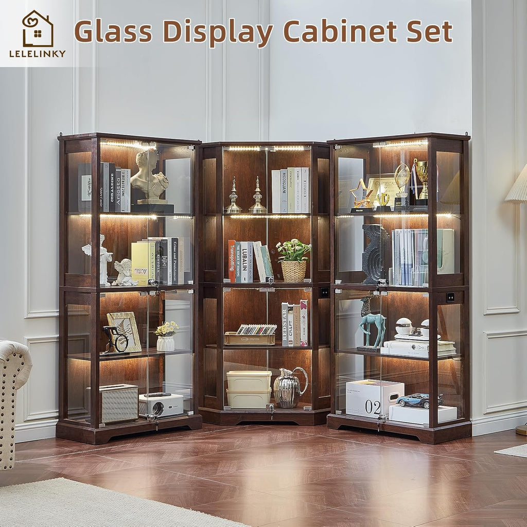 LELELINKY Farmhouse Display Cabinet with Glass Doors, Curio Cabinet with 3-Color LED Motion-Sensor Light, Walnut