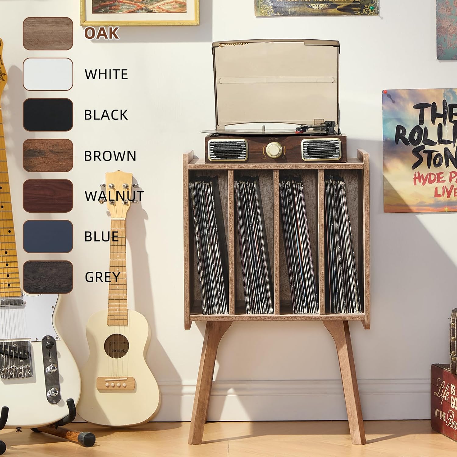 LELELINKY Record Player Stand,Vinyl Record Storage Table with 4 Cabinet Up to 100 Albums,Mid-Century Modern Turntable Stand with Wood Legs,Oak Grey Vinyl Holder Display Shelf for Bedroom Living Room