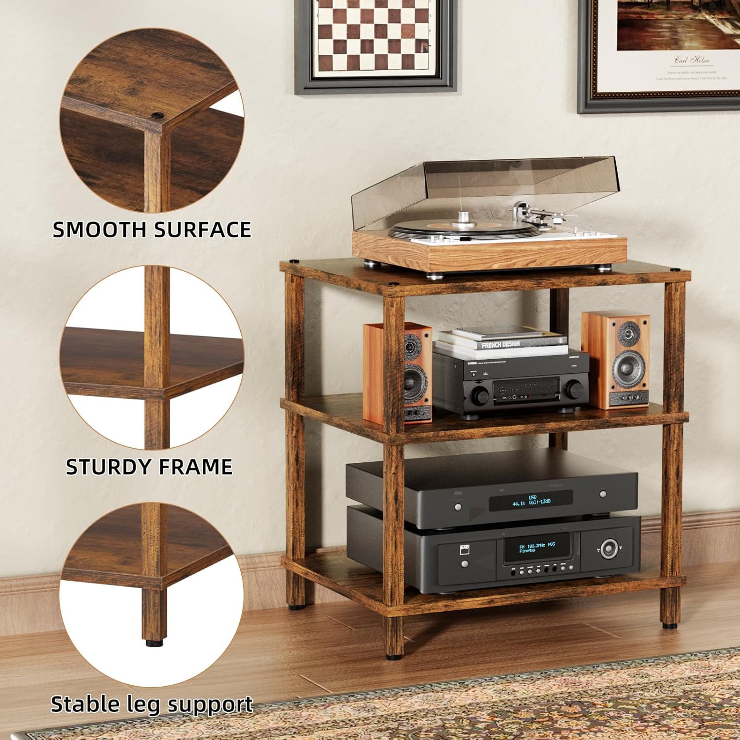 LELELINKY 3-Tier AV Media Player Stand, Brown Stereo Cabinet, Modern Stereo Cabine,Game Console Shelf,Wooden TV Stand,Multifunctional Entertainment Center, Suitable for Home, Conference Room
