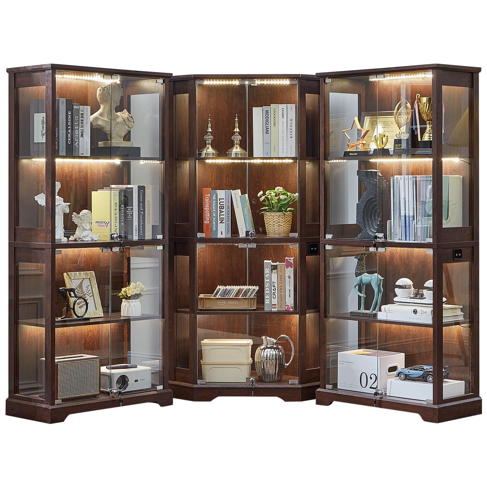 LELELINKY Farmhouse Corner Display Cabinet with Glass Doors, Corner Curio Cabinet with 3-Color LED Motion-Sensor Light, Walnut