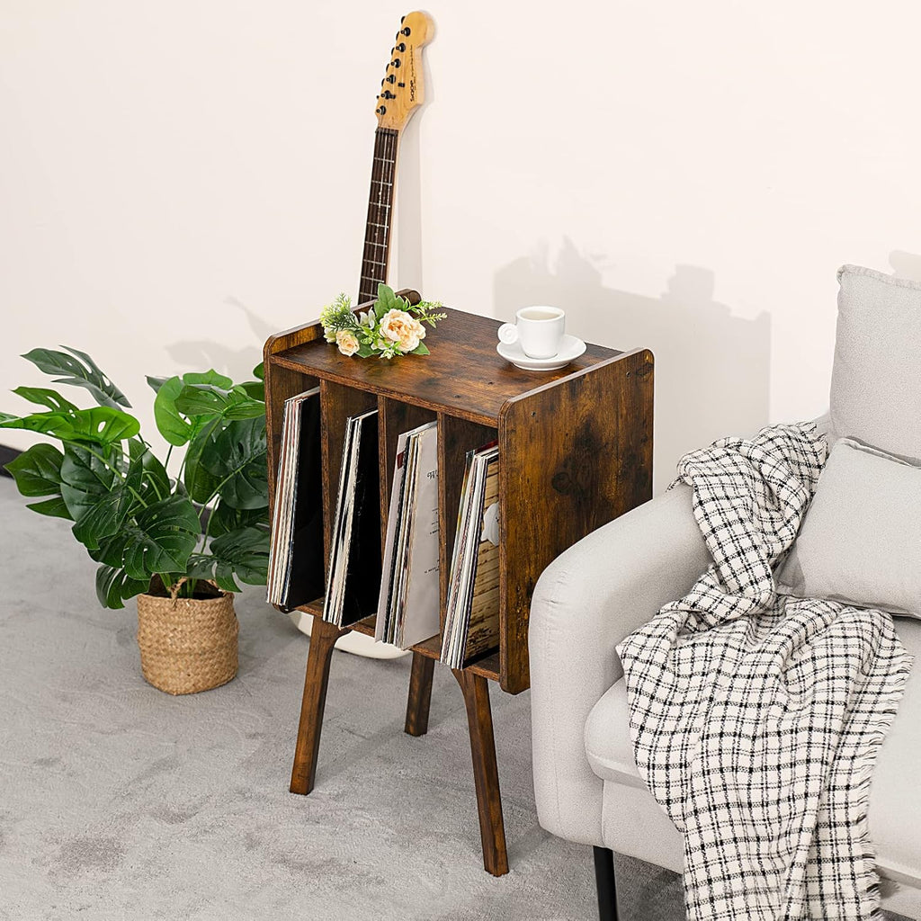 LELELINKY Small Record Player Stand - Width 11.7 in, Brown Vinyl Record Storage Table with 4 Cabinet Up to 80 Albums, Vinyl Holder with Wood Legs,Turntable Stand Display Shelf for Bedroom Living Room