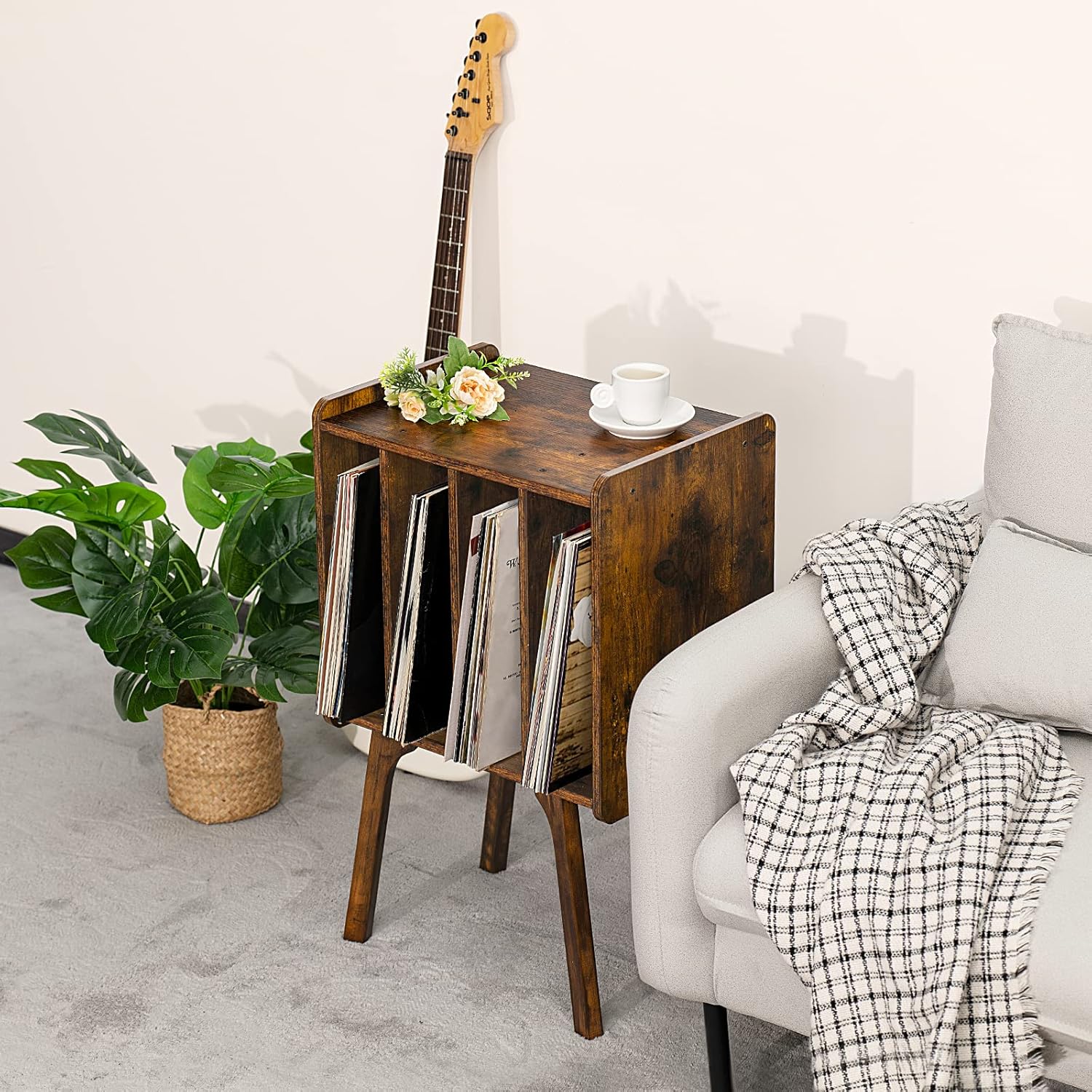 LELELINKY Small Record Player Stand - Width 11.7 in, Brown Vinyl Record Storage Table with 4 Cabinet Up to 80 Albums, Vinyl Holder with Wood Legs,Turntable Stand Display Shelf for Bedroom Living Room