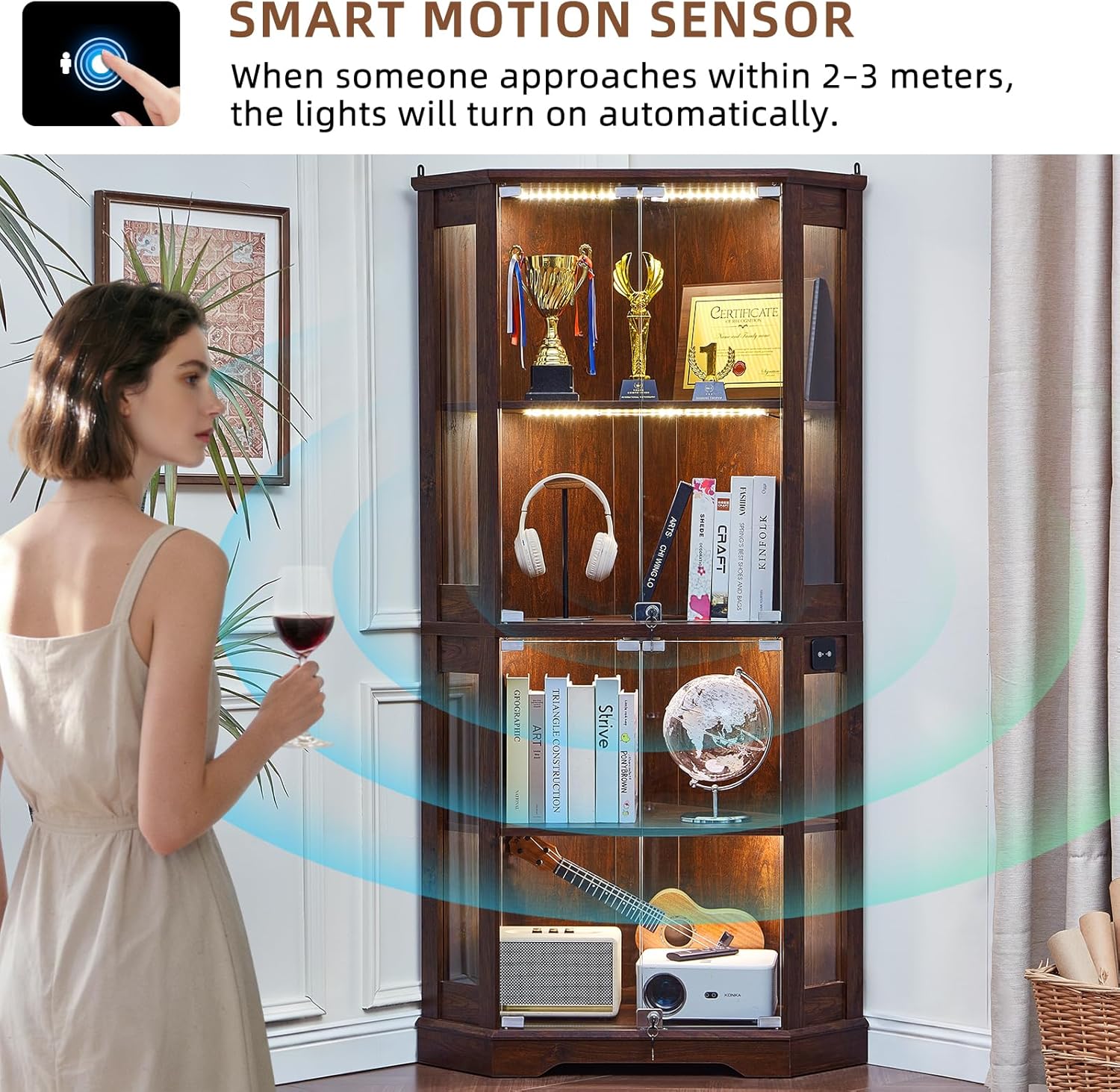 LELELINKY Farmhouse Corner Display Cabinet with Glass Doors, Corner Curio Cabinet with 3-Color LED Motion-Sensor Light, Walnut
