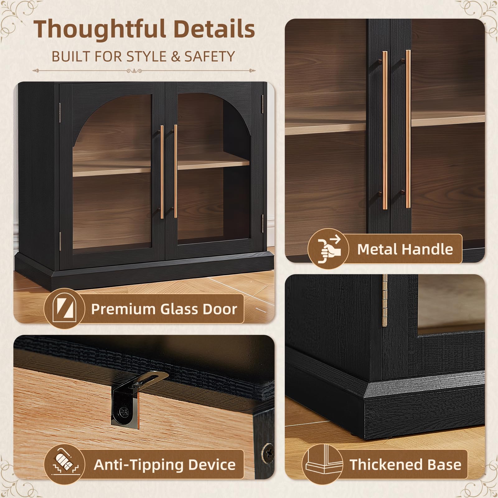 LELELINKY Arched Bookshelf with Tempered Glass Doors, 67" Tall Bookcase