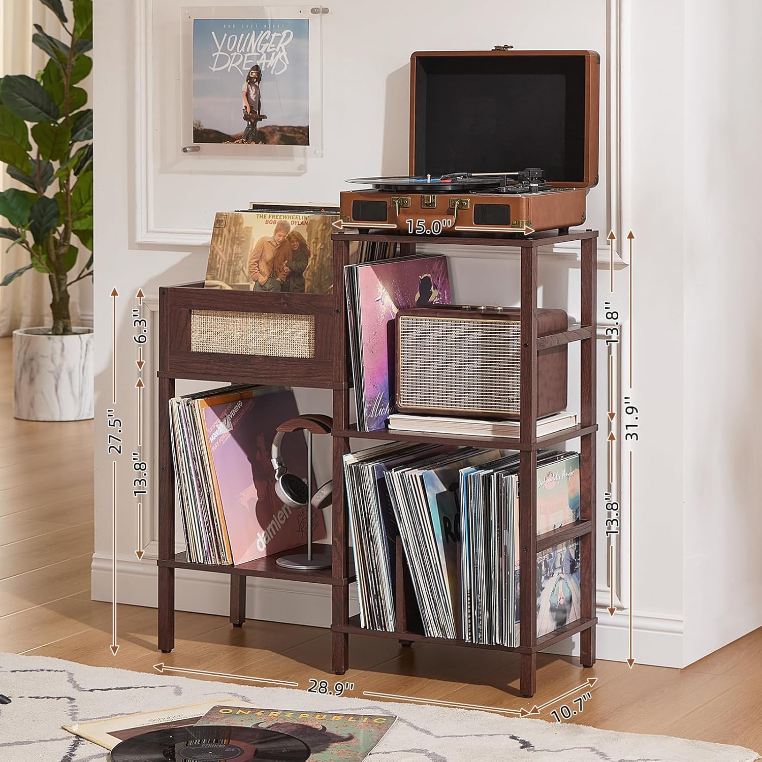 LELELINKY Record Player Stand, Vintage Walnut Wood Record Holder with Vinyl Storage Holds up to 300+ Albums, 3-Tier Rattan Media Table with Vinyl Display Shelf, Record Storage Cabinet for Living Room