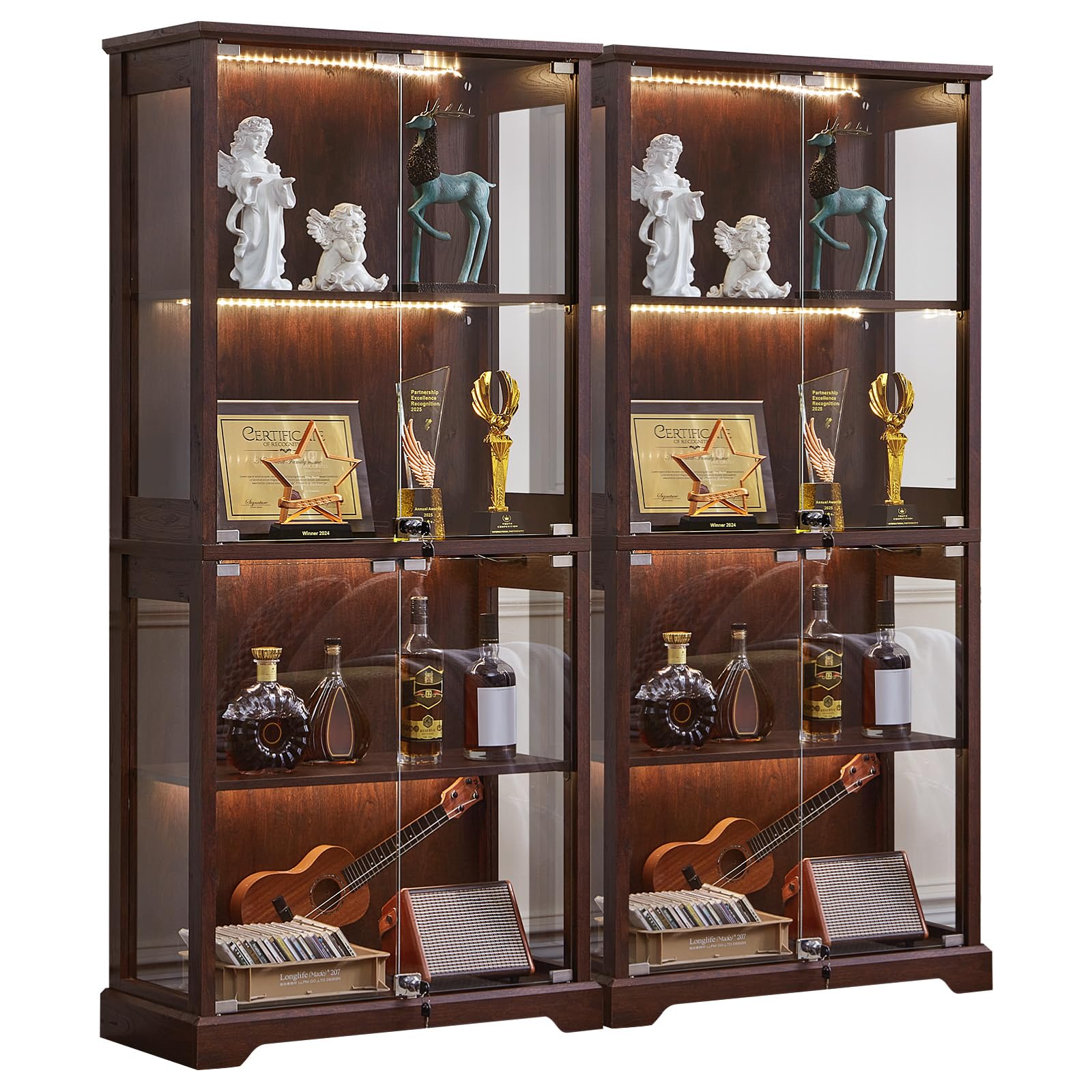 LELELINKY Farmhouse Display Cabinet with Glass Doors, Curio Cabinet with 3-Color LED Motion-Sensor Light, Walnut