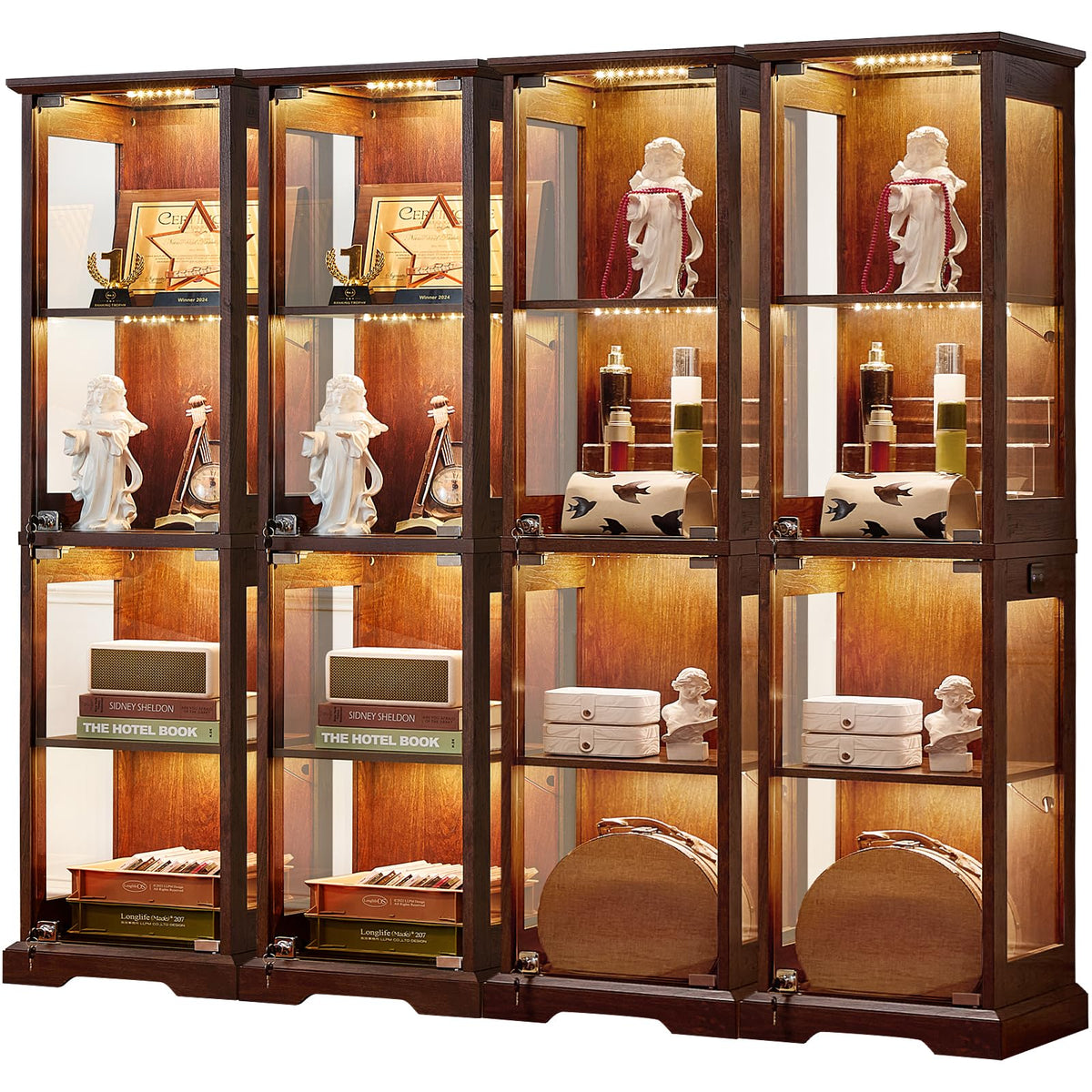 LELELINKY Farmhouse Narrow Glass Display Cabinet with Doors & Lock, Walnut