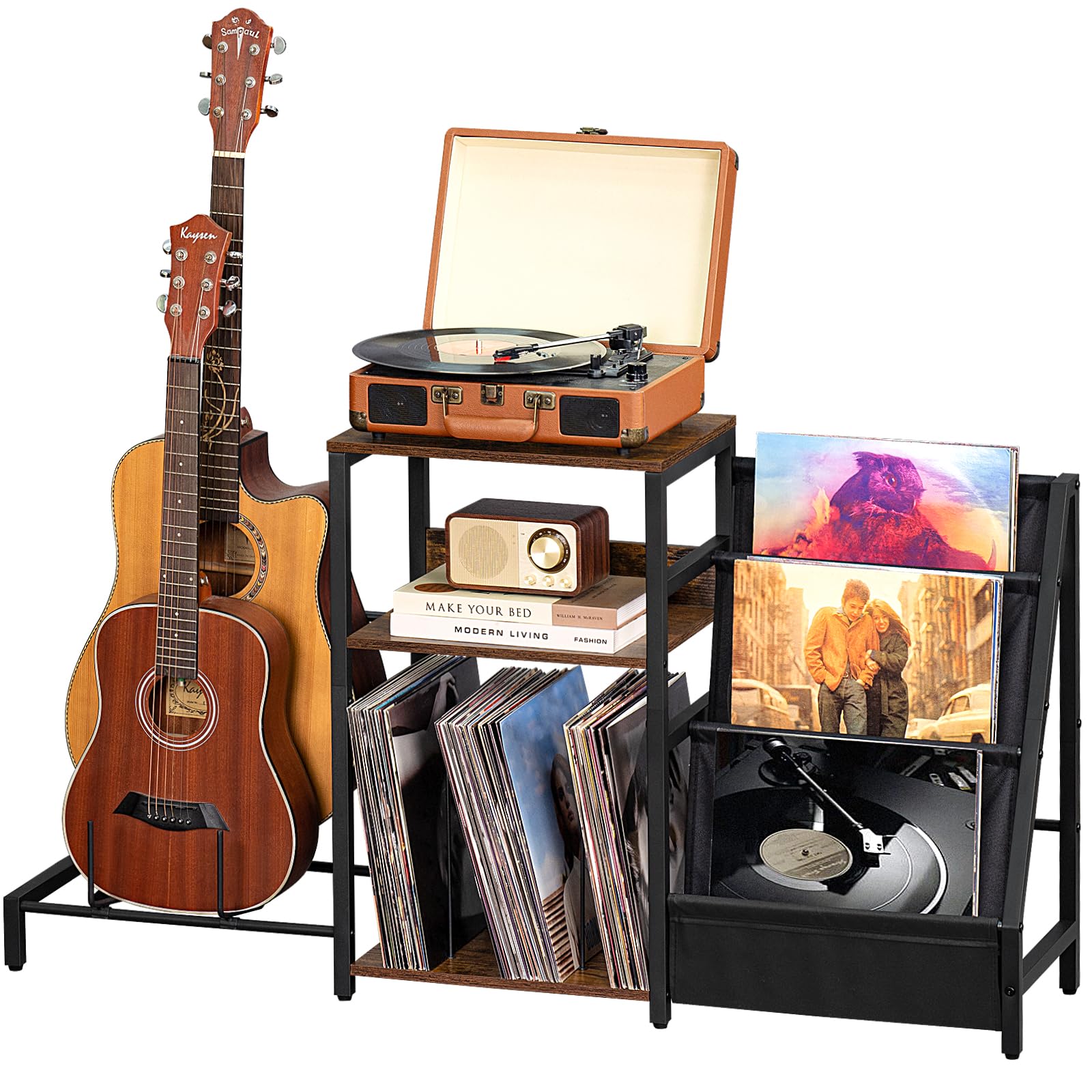 LELELINKY Record Player Stand, Black Adjustable Guitar Stand for Acoustic Guitar, Electric Guitar, Bass, Turntable Stand with Vinyl Display Shelf Storage Up to 150 Albums, End Table for Music Room