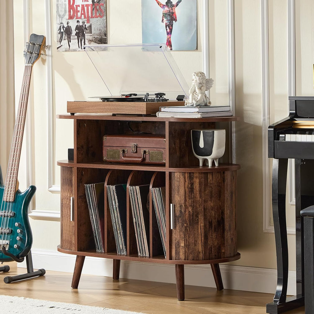 LELELINKY Large Arched Record Player Stand with Charging Station & Fluted Display Shelf,Mid Century Modern Turntable Cabinet with Vinyl Storage,Round Wood Record Player Table for Living Room,Brown