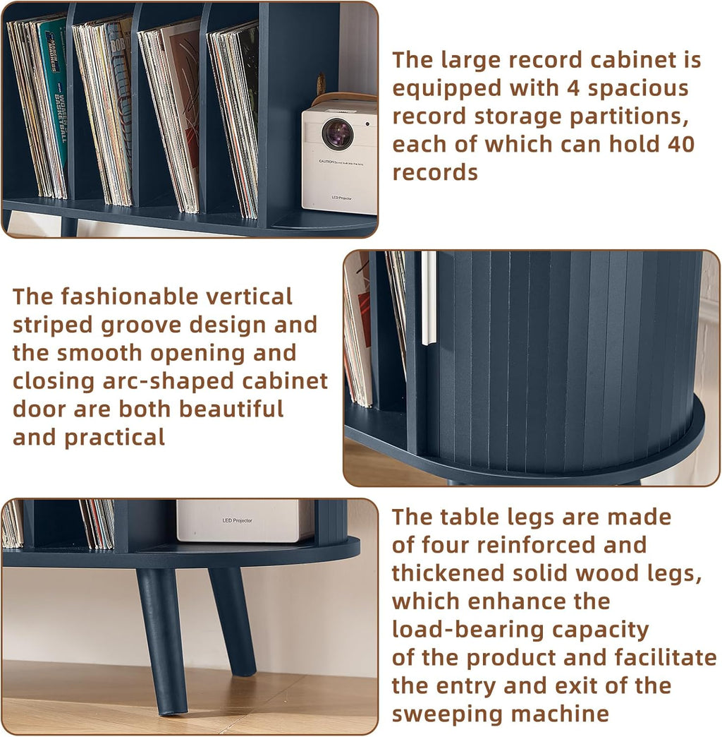 LELELINKY Large Round Record Player Stand with Charging Station & Fluted Display Shelf, Blue Mid Century Modern Turntable Cabinet with Vinyl Storage, Arched Wood Record Player Table for Living Room