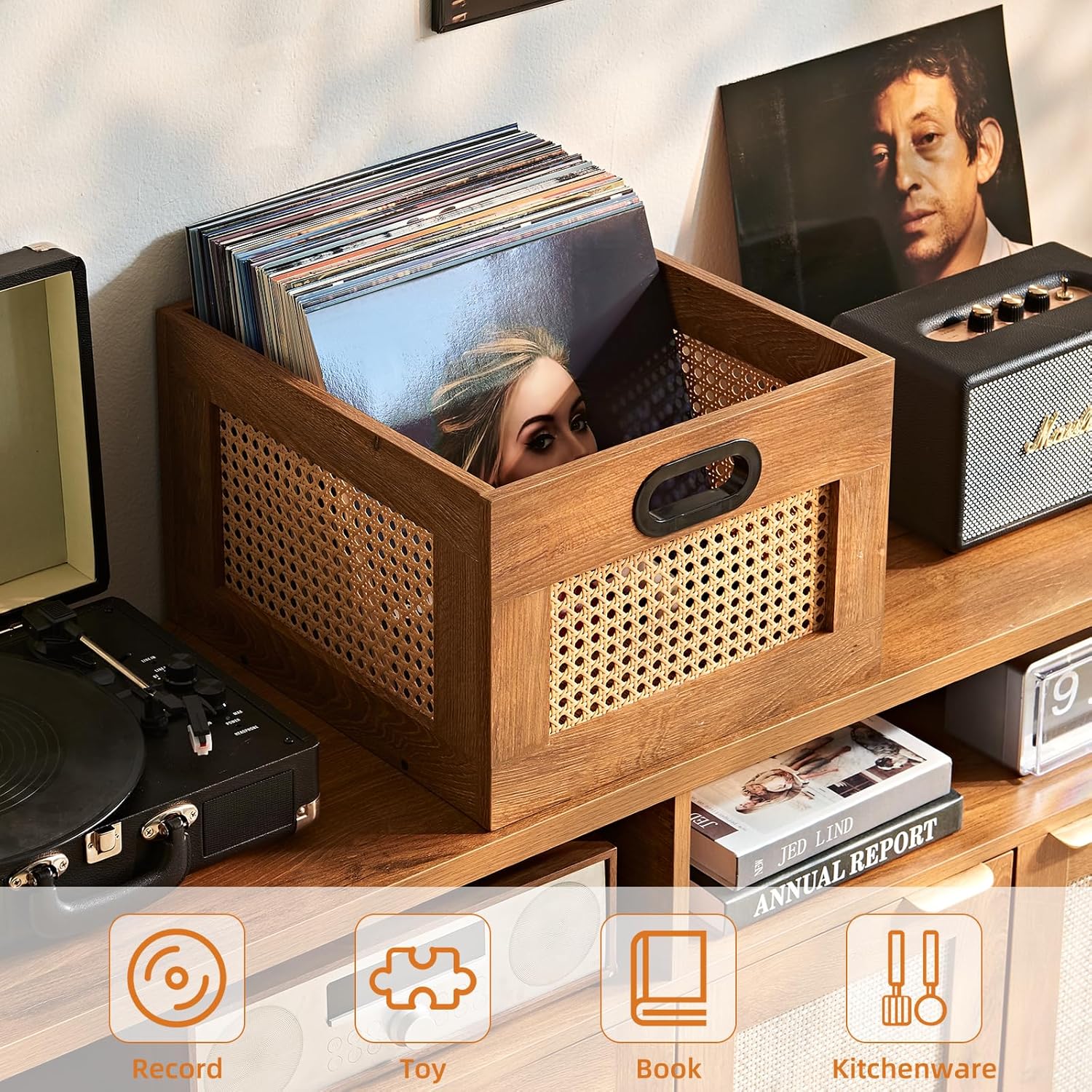 LELELINKY Vinyl Record Storage Crate, Rattan Vinyl Record Holder with Handle, Wood Record Crate for Vinyls Holder up to 75 LP's, Desktop Cube Album Storage for Vinyls Records(Tea Brown)