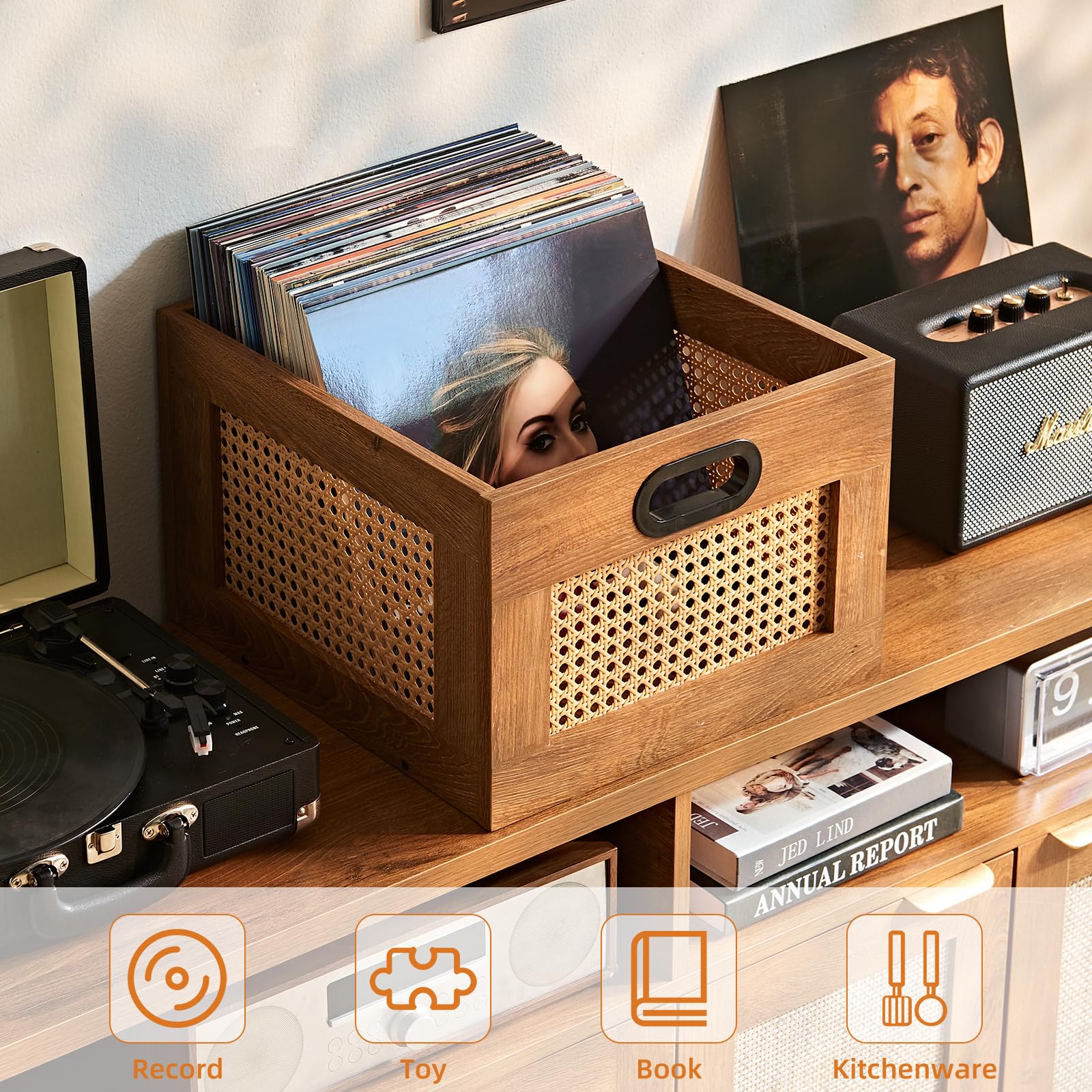 LELELINKY 2 Pack Vinyl Record Storage Crates, Rattan Vinyl Record Holder