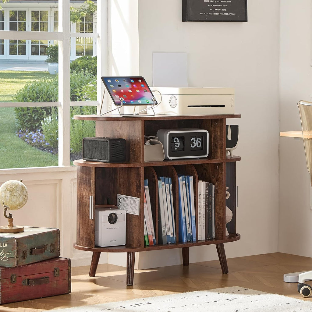LELELINKY Large Arched Record Player Stand with Charging Station & Fluted Display Shelf,Mid Century Modern Turntable Cabinet with Vinyl Storage,Round Wood Record Player Table for Living Room,Brown