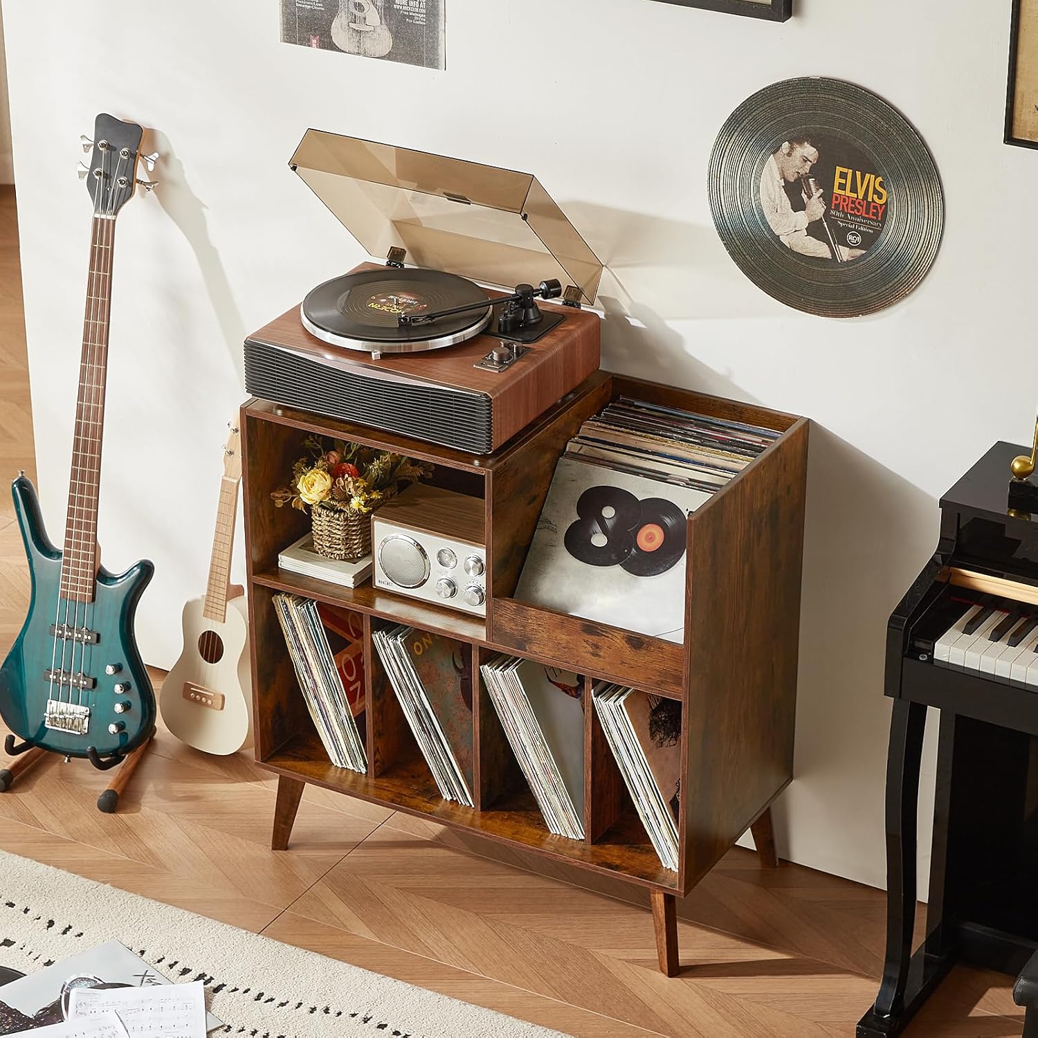 LELELINKY Large Record Player Stand, Turntable Stand with Storage, Vinyl Record Holder with Display Area, Record Player Table Holds Up to 300 Albums, Record Stand for Music Room Living Room-Brown