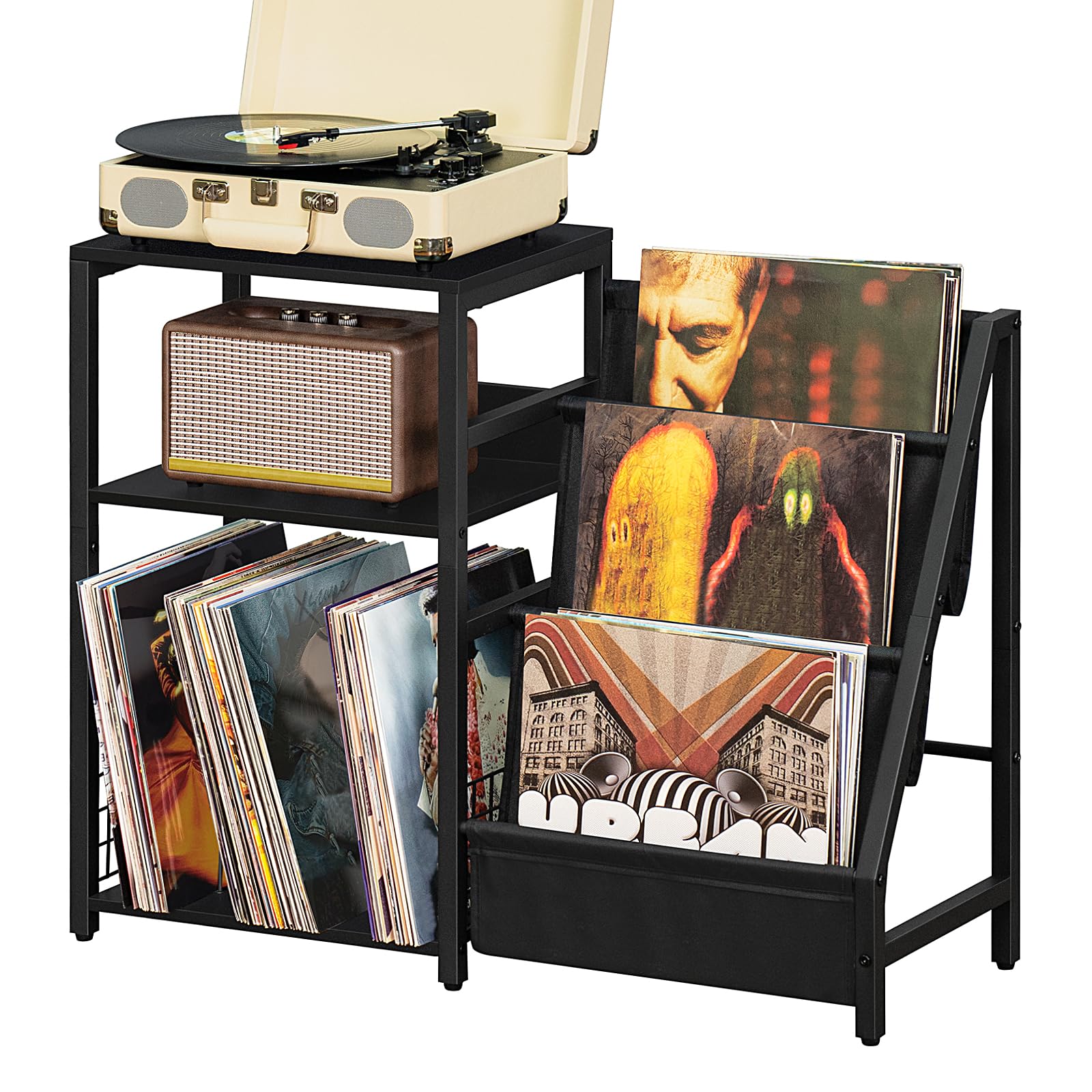LELELINKY Record Player Stand, Black Adjustable Guitar Stand for Acoustic Guitar, Electric Guitar, Bass, Turntable Stand with Vinyl Display Shelf Storage Up to 150 Albums, End Table for Music Room