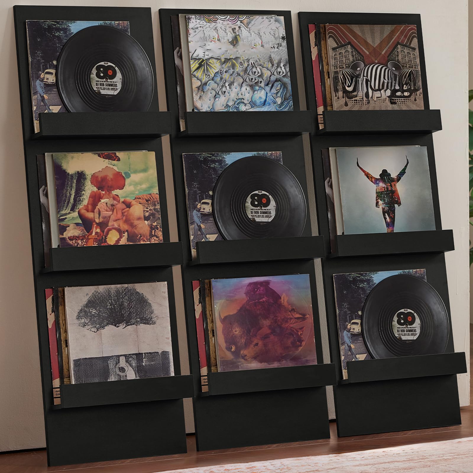LELELINKY Wall-Leaning Vinyl Record Holder with 3 Tier Display Shelf, 47.5'' Tall Record Storage Magazine Holder, Vinlys Stand Holder Holds Up to 30 Vinyls Albums/CD for Living Room, Brown
