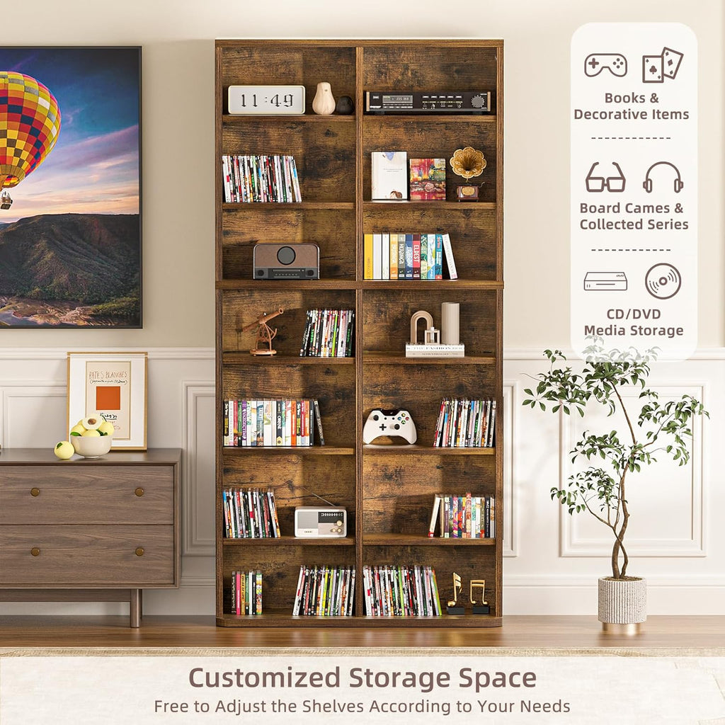 LELELINKY 7 Tier Tall Display Cabinet, Brown Media Storage Cabinet with Adjustable Shelves, Free Standing DVD Organizer Shelf, Floor Multimedia Storage Manga Bookshelf for Living Room & Home Office.
