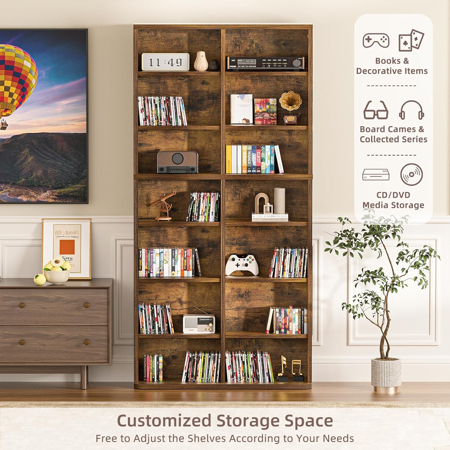 LELELINKY 7 Tier Tall Display Cabinet, Brown Media Storage Cabinet with Adjustable Shelves, Free Standing DVD Organizer Shelf, Floor Multimedia Storage Manga Bookshelf for Living Room & Home Office.