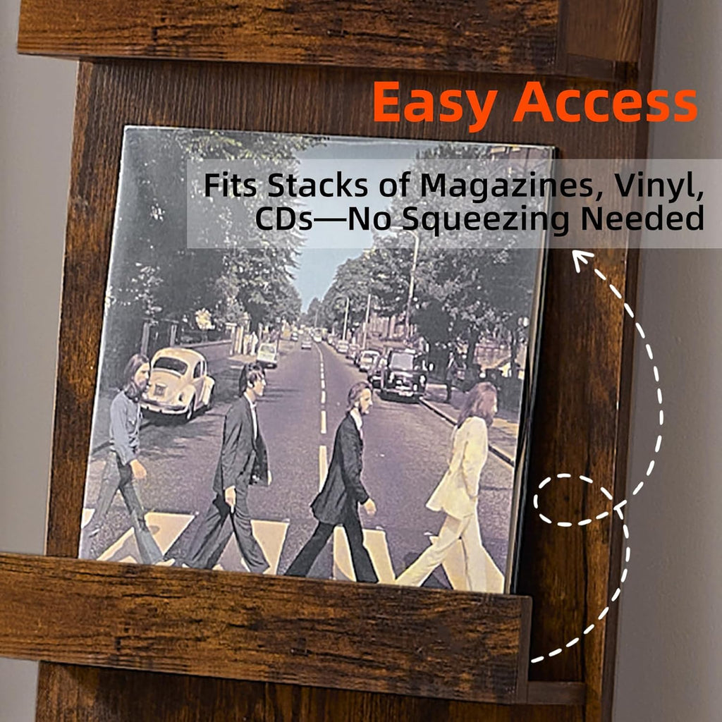 LELELINKY Wall-Leaning Vinyl Record Holder with 3 Tier Display Shelf, 47.5'' Tall Record Storage Magazine Holder, Vinlys Stand Holder Holds Up to 30 Vinyls Albums/CD for Living Room, Brown