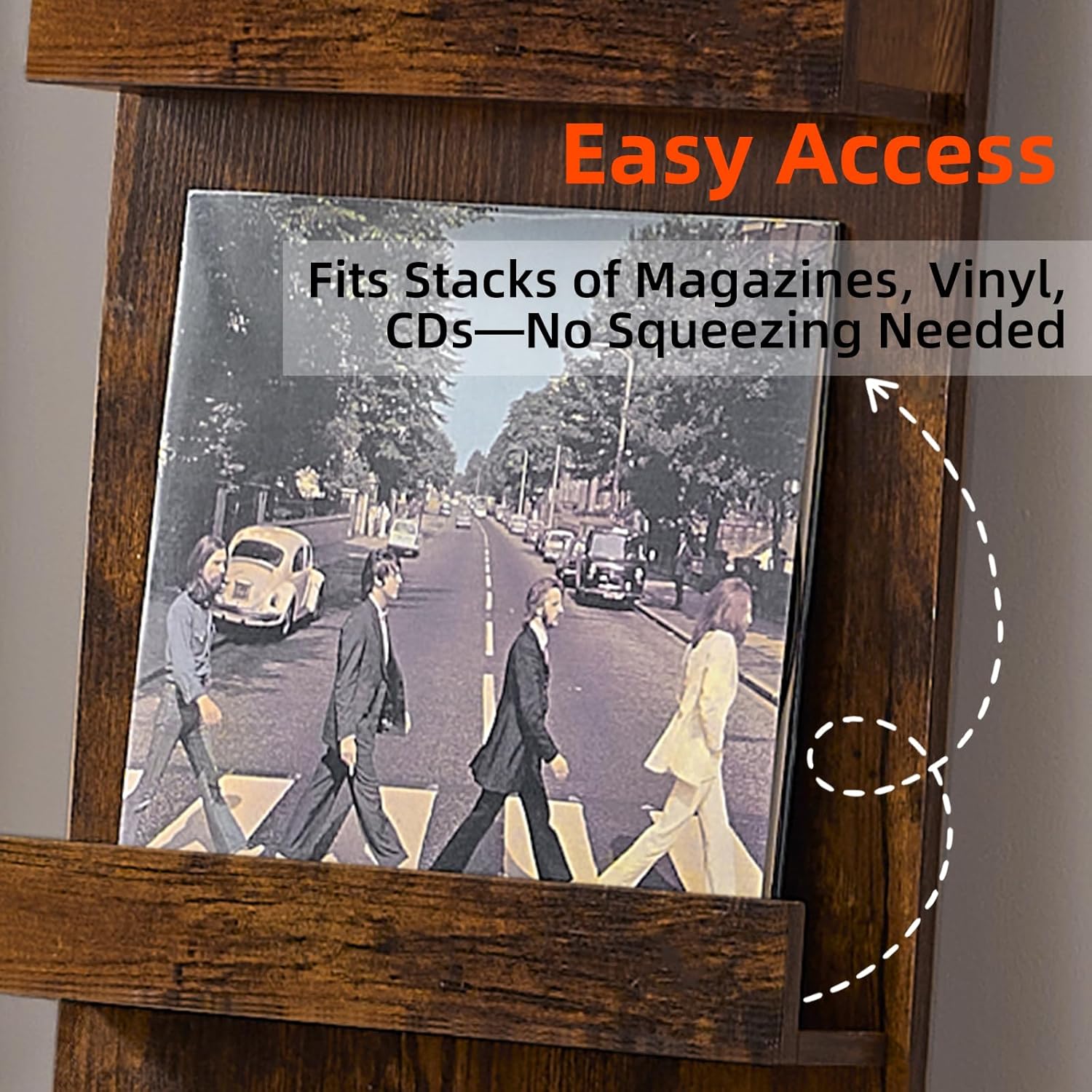 LELELINKY Wall-Leaning Vinyl Record Holder with 3 Tier Display Shelf, 47.5'' Tall Record Storage Magazine Holder, Vinlys Stand Holder Holds Up to 30 Vinyls Albums/CD for Living Room, Brown