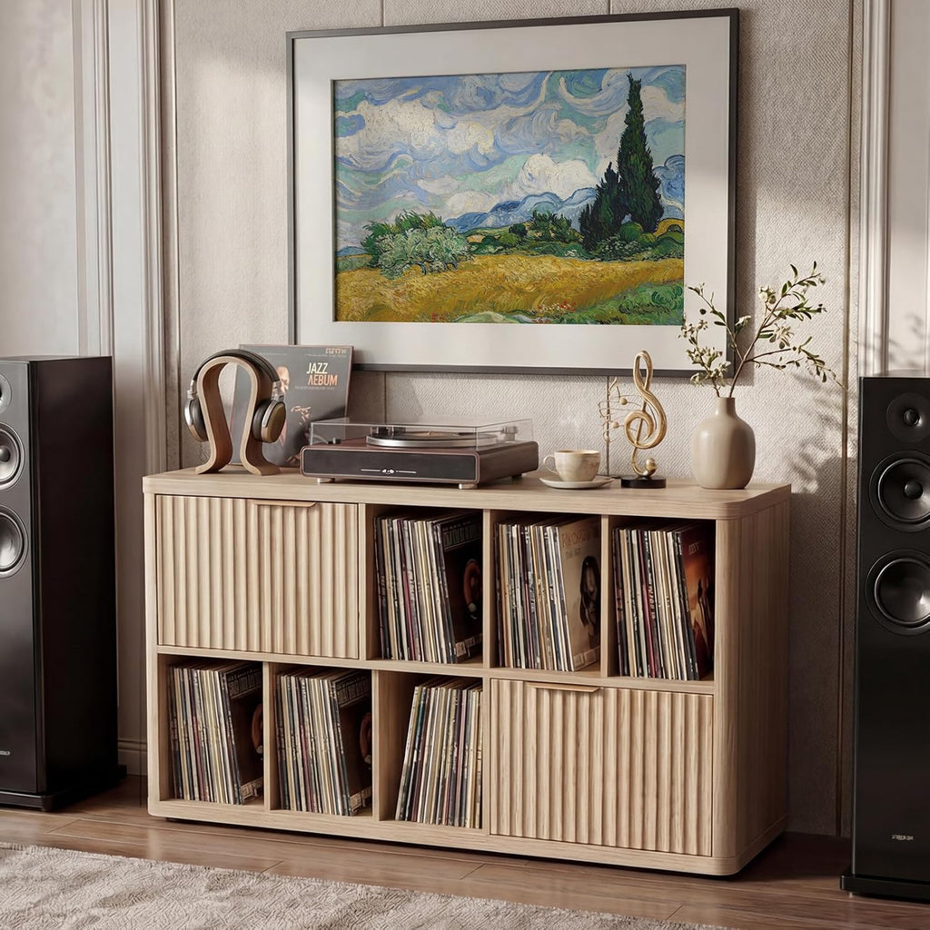 LELELINKY Large Record Player Stand - 39.5" Record Cabinet with Open Vinyl Storage Holds up to 400 Albums, Modern Vinyl Player Table with Fluted Doors, Turntable Stand for Living Room, Natural Oak
